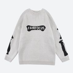 Stand out in this men's grunge sweater, showcasing a striking skeleton design on the back and sleeves. The bone and text print detail on the chest add an extra edge, making it perfect for those who love streetwear with a unique, cool, and casual style. Grunge aesthetic Skeleton design at back & sleeves Bone & text print detail at chest Text detail: fairfocus Drop shoulder Crew neck Long sleeve Polyester Order 1 size larger to be oversized Oversized Grunge Sweater For Fall, Crew Neck Winter Streetwear Sweater, Oversized Sweater For Fall Streetwear, Oversized Sweater For Streetwear In Fall, Urban Letter Print Sweater For Winter, Fall Streetwear Sweater With Ribbed Cuffs, Alternative Style Crew Neck Winter Sweater, Alternative Crew Neck Winter Sweater, Alternative Crew Neck Sweater For Winter