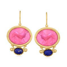 Tagliamonte - Italian Lapis, Pink Glass Lion Drop Earrings in 18kt Yellow Gold Over Sterling. Our colorful Italian-made drop earrings are a unique addition to any jewelry collection. Fierce lionesses adorn 16x20mm pink glass ovals. Beneath them, 8x6mm lapis cabochons shimmer like the night sky. Natural pyrite flecks in lapis will vary. Set in polished 18kt yellow gold over sterling silver. Hanging length is 1 3/8". Earwire, lapis and pink glass earrings. Ancient Jewels, Turtle Dove, Punk Vintage, Natural Gold, Venetian Glass, Jewel Box, Bead Jewelry, Fine Jewellery Earrings, Pink Glass