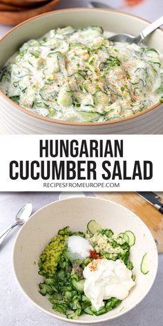 two pictures with different types of food in them and the words hungarian cucumber salad