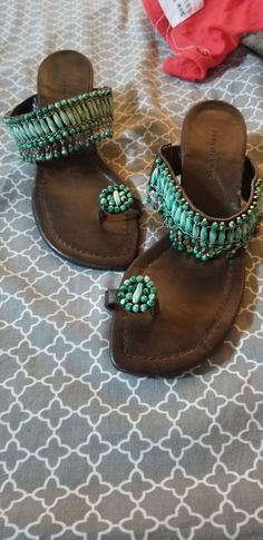 Ann Marino tasseled summer sandals.  The Aqua color of the beads reminds one of the waters off the Caribbean.  They have a cute kitten squash heal about 1 inch high.  Great style for the pool or just lunch by the pool.  Pair with the aqua purse in pic 5 for a complete look. Handmade Green Sandals For Summer, Casual Beaded Flip Flops For Summer, Casual Beaded Flip Flops For Vacation, Beaded Flip Flops For Summer Vacation, Bohemian Beaded Summer Flip Flops, Bohemian Beaded Flip Flops For Summer, Lunch By The Pool, Toe Loop Sandals, Aqua Beads