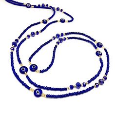 Evil Eye Waist Beads Royal Blue Belly Bead Beaded Waist - Etsy Blue Beaded Glasses Chains, Blue Glasses Chain With Colorful Beads As Gift, Blue Glasses Chains With Round Beaded Chain, Blue Beaded Chain Glasses Chains With Round Beads, Blue Glasses Chain With Colorful Beads For Gift, Blue Glasses Chains With Colorful Beads As Gift, Blue Glasses Chains With Colorful Beads For Gift, Spiritual Blue Beaded Chain, Blue Beaded Lariat Necklace With Beaded Chain