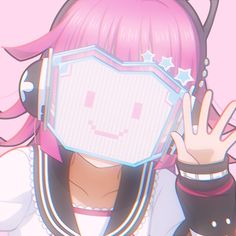 a girl with pink hair wearing headphones and holding her hand up to her face