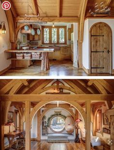 the inside and outside of a house with wood floors, arched doorways and windows