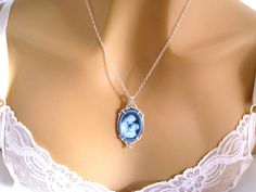 "Real Cameo Necklace, New Mom Gift, Mother and Child Cameo Necklace Sterling Silver Carved Agate, Blue Cameo Necklace, Cameo Jewelry Jewellery I love the sweetness in this beautiful genuine carved agate Victorian Mother/Child cameo necklace. The pendant is a neoclassical woman and child against a blue background. This is the real thing - carved from agate stone, and is framed in sterling silver hanging on a sterling silver chain. Length: your choice - 16 to 30 inches Pendant: 1.38 inches (18 x 1 Blue Cameo Necklace For Wedding, Blue Cameo Jewelry For Wedding, Blue Cameo Necklace For Formal Occasions, Blue Cameo Jewelry For Formal Occasions, Formal Blue Cameo Jewelry, Victorian Mother, Cameo Jewelry, Cameo Necklace, Mother And Child