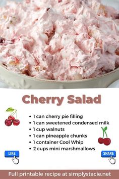 the recipe for cherry salad is shown in this image, with information about how to make it