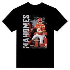 Kansas City Chiefs Patrick Mahomes T-Shirt Celebrate your favorite quarterback with this stylish Patrick Mahomes t-shirt! Featuring an action shot of Mahomes in his iconic Chiefs uniform, this shirt is perfect for any Kansas City Chiefs fan. The design showcases his name and number in bold lettering, with a dynamic background that adds a touch of flair. Made from soft, high-quality fabric, this t-shirt offers both comfort and durability, making it ideal for game days or casual wear. Show your su Black T-shirt With Sublimation Print For Fans, Black Sublimation Print T-shirt For Fan Gear, Black T-shirt For Football Season Fan Gear, Mahomes Shirt, Kc Chiefs Jersey, Kansas City Chiefs Jersey, Black T-shirt With Sublimation Print For Football Season, Womens Chiefs Shirt, Black T-shirt With Football Season Sublimation Print