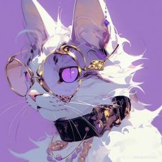 a cat with glasses on it's head and its mouth open, in front of a purple background