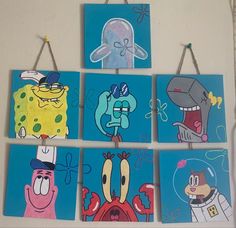 four paintings hanging on the wall with cartoon characters painted on them in different colors and sizes