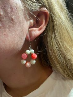 Circular pink and white glass bead drop earrings. Bead Drop Earrings, Orange Earrings, Beaded Drop Earrings, Rainbow Earrings, Rainbow Pride, Glass Bead, White Glass, Pink And White, Jewelry Earrings Dangle