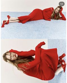 a woman in a red dress laying on the floor with her legs crossed and hands behind her head