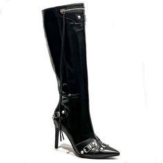 Be The Center Of Attention In These Stylish Pointed Toe Knee High Boots New In Box Faux Leatherette Material Silver Studded Details Stiletto Heels Lightly Padded Insole Pointy Toe Side Zipper For Easy Shoe Removal Heel Height: Approx 4 In. Fitting: True To Size. Regular Fit. Snip Toe Knee-high Boots For Winter Parties, Winter Party Knee-high Boots With Snip Toe, Formal Gothic Boots With Pointed Toe, Fitted Black Boots With Metal Feet, Gothic Fitted Boots For Formal Occasions, Fitted Gothic Boots For Formal Occasions, Silver Fitted Snip Toe Boots, Party Knee-high Boots With Snip Toe, Fitted Snip Toe Knee-high Boots For Party