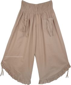 Anchor Grey Flared Calf Length Culotte Pants - A chic pair of everyday wide leg culotte in camel color that will go with a multitude of tops.  A cool Capri pant style with a wide shirred elastic waist, making the pants purely comfortable to wear. #tlb #SplitSkirtsPants #Misses #Pocket #vacationclothing #beachwrap #Solid Bohemian Solid Wide Leg Pants With Pockets, Spring Khaki Harem Pants With Elastic Waistband, Khaki Wide-leg Harem Pants With Elastic Waistband, Beige Ankle-length Harem Pants With Elastic Waistband, Beige Wide Leg Cotton Capris, Wide Leg Beige Cotton Capris, Khaki Wide Leg Harem Pants For Summer, Khaki Wide-leg Harem Pants For Summer, Casual Beige Capris With Elastic Waistband