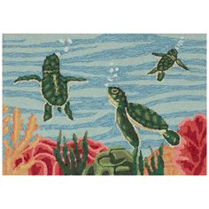 two sea turtles swimming in the ocean with corals and plants on it's sides