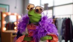 a green frog wearing sunglasses and a pink dress with purple feathers on it's chest