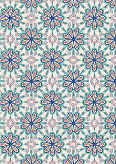 an abstract floral design in blue, pink and green