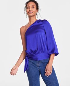 in stock Cobalt Blue Top, Tie Blouse, Blue Top, Cobalt Blue, Polyester Spandex, Cobalt, Shirts Tops, One Shoulder, Pick Up