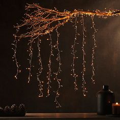 a branch with lights hanging from it next to a vase and candle on a table