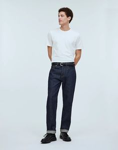 Vintage Relaxed Straight Jeans in Raw Selvedge Uniqlo Selvedge Jeans Outfit, Selvedge Jeans Men Outfit, Everyday Selvedge Tapered Leg Jeans, Loosely Fitted Dark Wash Jeans With Five Pockets, Casual Tapered Selvedge Jeans, Casual Selvedge Tapered Jeans, Selvedge Recycled Denim Tapered Leg Jeans, Classic Tapered Selvedge Jeans, Selvedge Relaxed Fit Tapered Leg Jeans