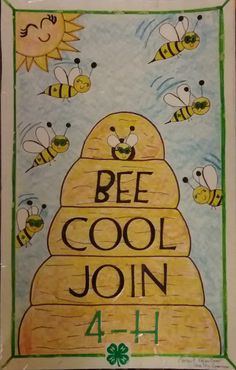 the bee cool join sign is shown with bees on it and four other bees flying around