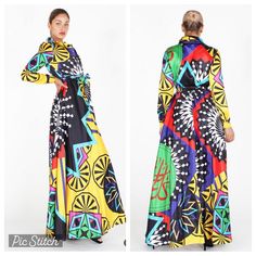 Multi Print Long Sleeve Maxi Dress With Button Down Closure, Waist Tie And Side Pockets. 100% Polyester. Armpit To Armpit 20”, Waist Unstretched 15”, Stretched 21”, Length 61” Multicolor Long Sleeve Maxi Dress With Buttons, Multicolor Maxi Dress With Buttons, Multicolor Printed Button-up Dress, Multicolor Button-up Maxi Dress With Buttons, Multicolor Button-up Maxi Dress, Yellow Long Sleeve Maxi Dress For Party, Yellow Button Closure Dress For Fall, Party Maxi Dress With Button Closure, Yellow Dress With Button Closure For Fall