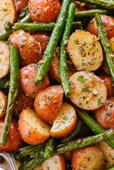 potatoes and green beans in a white bowl