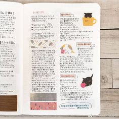 an open book with japanese writing and pictures on the pages, including cats in coffee mugs