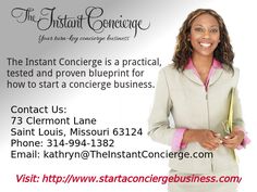 a business card with a woman in a suit holding a clipboard and smiling at the camera