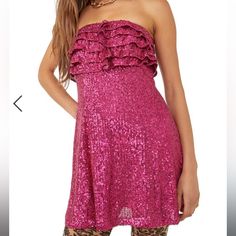 Rock A Flawless Night-Out Look In This Dazzling Sequined Mini Styled In A Shoulder-Baring Silhouette With A Swingy Ruffled Bodice. Sparkle Mini Dress, Pink Sequin Dress, Free People Mini Dress, Corset Mini Dress, Ruffle Mini Dress, Rock A, Strapless Mini Dress, 70 Dress, Lace Mini Dress