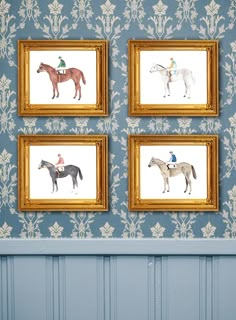 four framed pictures of horses on a wall in a room with blue and white damask