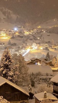 a snow covered town at night with lights in the sky and trees on the ground