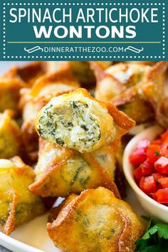 spinach artichoke wontons on a plate with salsa