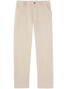 sand beige cotton Medusa Head motif mid-rise concealed fly and button fastening belt loops slip pockets to the sides pressed crease side welt pocket embroidered logo to the rear straight leg Beige Tapered Leg Work Pants With Belt Loops, Beige Straight Leg Work Pants With Belt Loops, Classic Straight Bottoms With Patch Pockets, Classic Beige Dress Pants With Straight Hem, Beige Straight Leg Work Pants With Welt Pockets, Fitted Beige Pants With Patch Pockets, Beige Straight Leg Dress Pants With Welt Pockets, Formal Beige Chinos With Welt Pockets, Cream Straight Hem Bottoms For Work