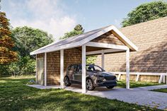 a car is parked in front of a small wooden building with a porch on the side