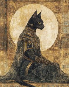 a black cat sitting on top of a wooden floor next to a painting with a full moon in the background