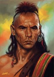 a painting of a native american man with long hair and piercings on his ears