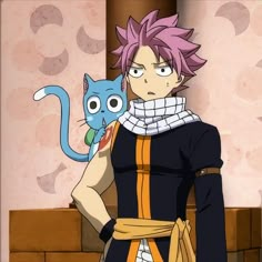 an anime character with pink hair holding a cat in his hand and looking at the camera