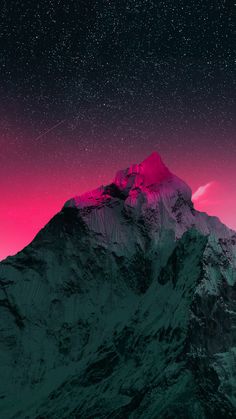 the top of a snowy mountain under a pink sky with stars and light streaks on it