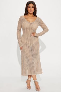 Available In Taupe And White. Crochet Maxi Dress Long Sleeves V-Neckline Metallic Stretch 65% Viscose 35% Metallic Imported | Camille Crochet Maxi Dress in Taupe size 2X by Fashion Nova Chic V-neck Crochet Dress For Beach Cover-up, Chic Crochet V-neck Dress For Beach Cover-up, Fitted V-neck Crochet Dress With Hollow Out Details, Chic Crochet Open Knit V-neck Dress, Fitted V-neck Open Knit Crochet Dress, Fitted Open Knit Crochet Dress With V-neck, V-neck Crochet Dress For Spring, V-neck Crochet Dress With Open Knit, Spring V-neck Open Knit Crochet Dress