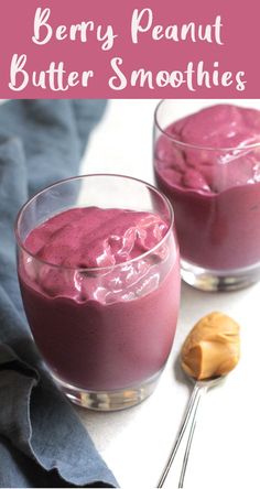 berry peanut butter smoothies in small glasses with spoons