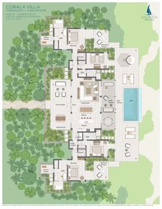 an aerial view of the floor plan for a villa with swimming pool and outdoor furniture