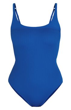 Crinkled stretch fabric provides this one-piece swimsuit with a comfortable fit, while a scooped neckline and back cutout keep the look playful. Adjustable straps Moderate back coverage 100% UV protection Lined 69% polyamide, 31% elastane Machine wash, dry flat Imported Blue Textured Stretch Swimwear, Blue Polyamide Swimwear With Lined Body, Blue One-piece Polyamide Swimwear, One-piece Textured Swimwear For Poolside, Textured One-piece Swimwear For Poolside, Textured Sleeveless Swimwear For Vacation, Blue Textured Swimwear For Swimming, Textured One-piece Swimwear For Swimming, Textured One-piece Swimwear