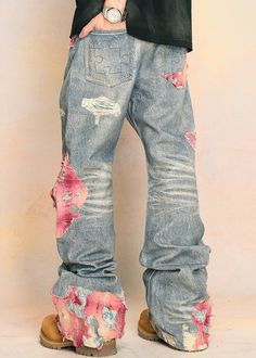 Chic Blue Print Pockets High Waist Denim Pants Fall AW1009 – Gemi Glitz Rhinestone Jeans Men, Custom Denim Pants, Stitching Jeans, High Waist Denim Pants, Fur Sliders, High Waist Wide Leg Jeans, Mid Waist Pants, High Street Fashion, Zippered Cardigan