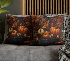 two decorative pillows sitting on top of a gray couch next to a potted plant