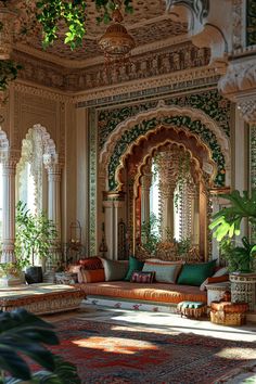 an ornate living room with lots of green plants