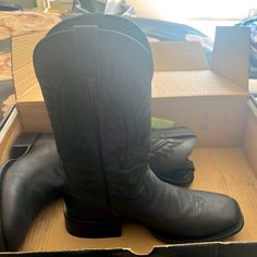 Brand New Never Worn Black Cowboy Boots Mens Black Cowboy Boots, Western Style Black Moto Boots With Steel Toe, Classic Ankle Boots For Rodeo, Western Almond Toe Boots For Business, Western Style Almond Toe Boots For Business, Formal Western Boots With Almond Toe, Western Snip Toe Boots For Business, Western Moc Toe Business Boots, Western Moc Toe Boots For Business