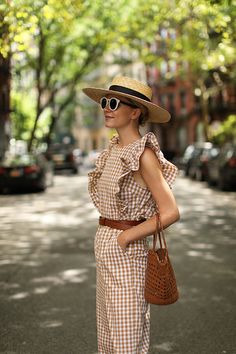 Blair Eadie wearing a ruffled gingham jumpsuit in the West Village of NYC // Click through to see more of her under $100 picks on Atlantic-Pacific Gingham Trend, Gingham Jumpsuit, Sewing Dress, Gaun Fashion, Elegante Casual, Outfits With Hats, Mode Inspiration, Street Styles, Fast Fashion