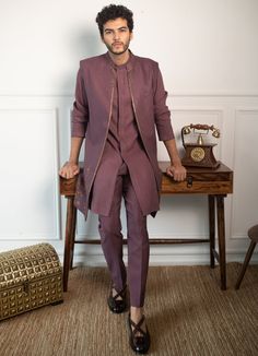 Wine Hand embroidered Kurta and pant set with shrug Contrast by Parth - Fabilicious Fashion Indian Groom Wear, Wedding Dresses Men Indian, Sangeet Outfit, Men's Wedding Outfit, Gents Kurta Design