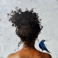 a painting of a woman's back with a bird on her shoulder and hair blowing in the wind