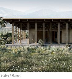 an artist's rendering of a house in the middle of a field with mountains in the background