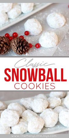 snowball cookies with pine cones and cranberries on the side are shown in this collage